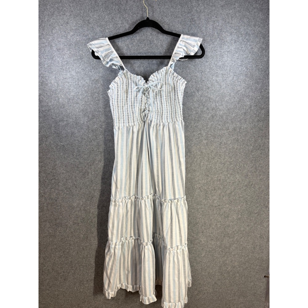 Planet Gold Womens Blue White Striped Smocked Tiered Midi Dress XL Ruffle Strap